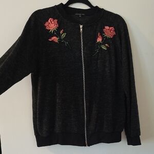 West Kei Black Bomber Jacket with Pink Floral Embroidery